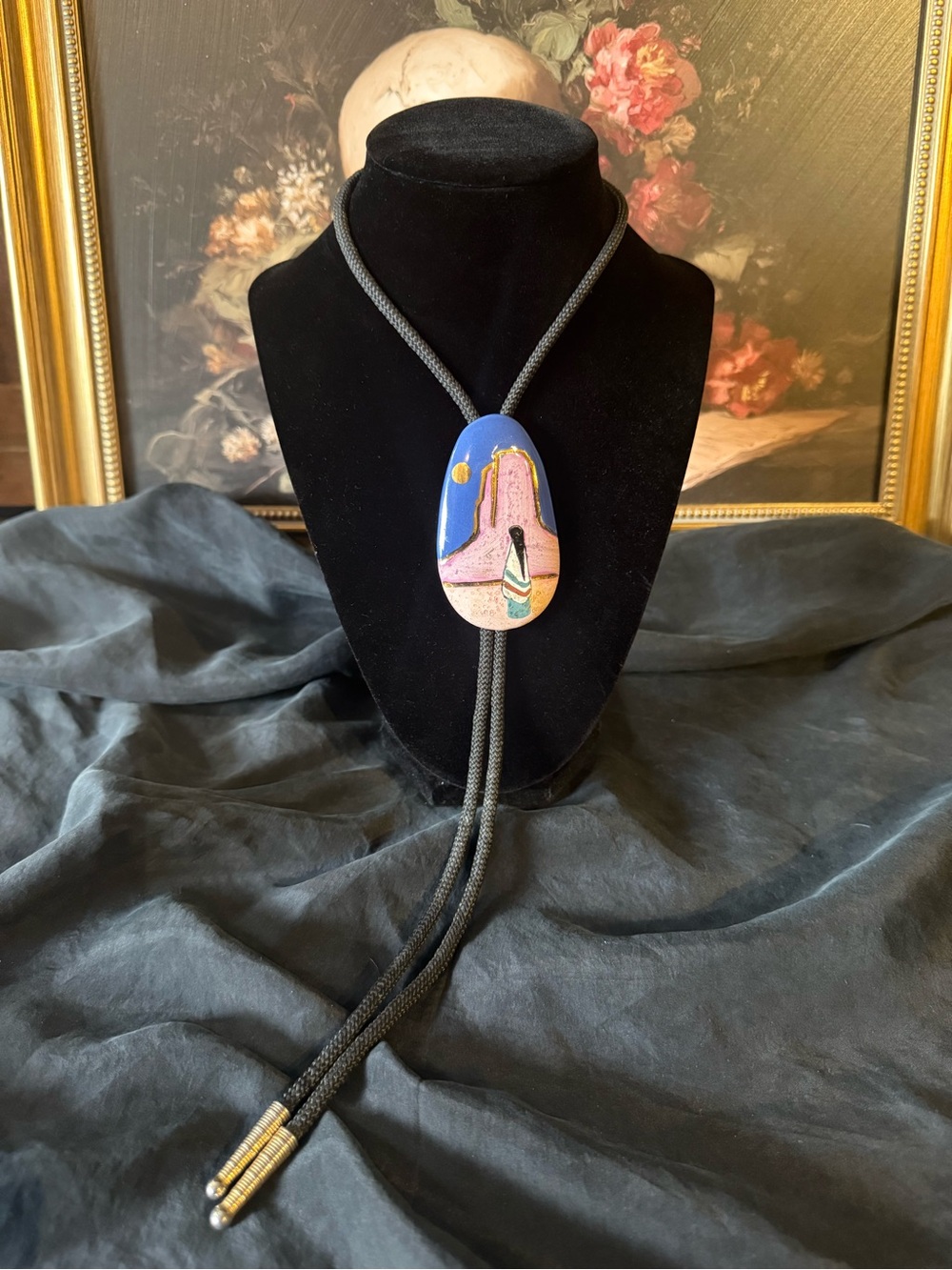 Hand-Painted Southwestern Blue Bolo Tie Necklace